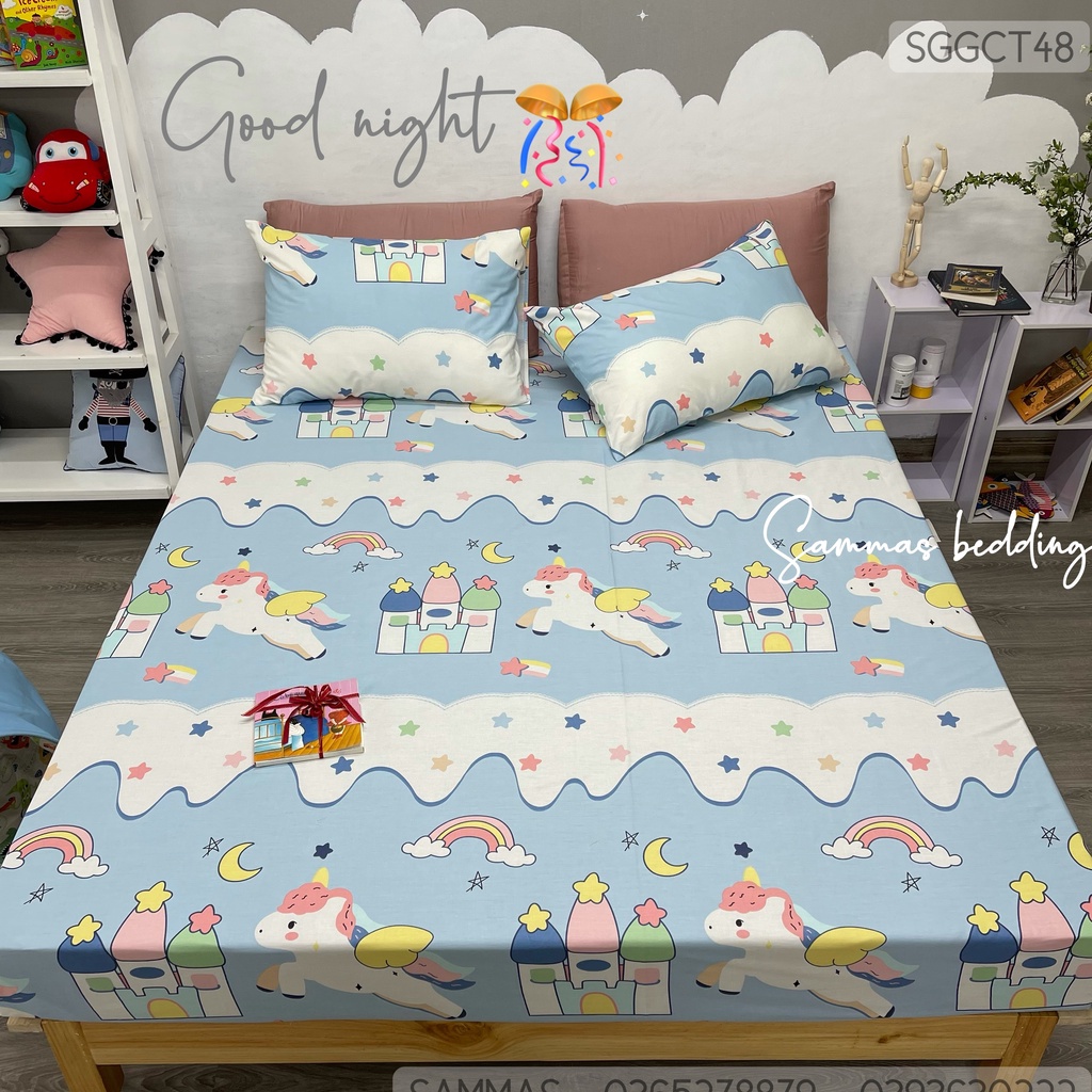 Bộ Ga Trải Giường 3 Món Cotton 100%, Drap Giường Kèm Vỏ Gối, Thoáng Mát Cho Bé