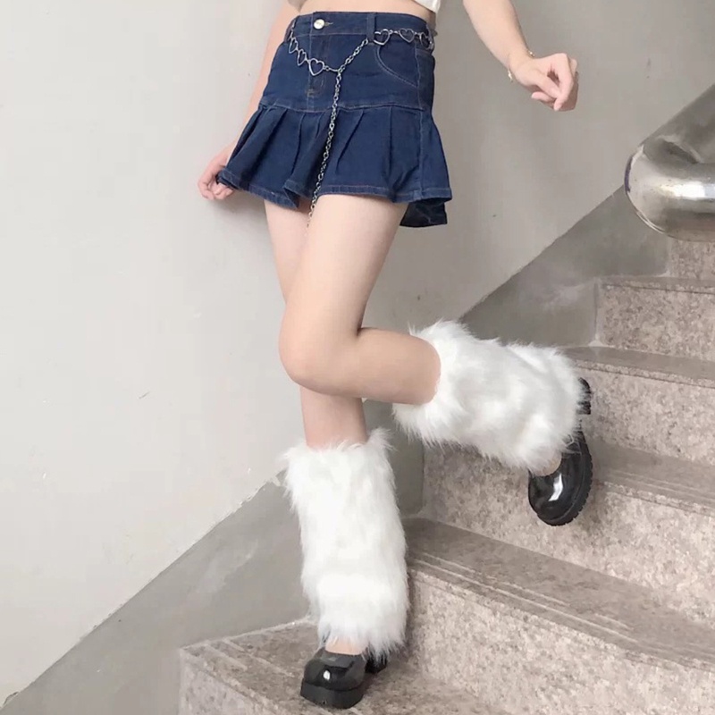 Vớ Lông Giả Màu Trắng Giữ Ấm Chân Phối Lông Thú Phong Cách Lolita Nhật Bản Cho Nữ