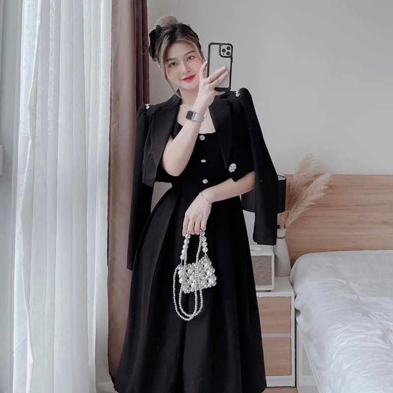 SET ĐẦM MIDI 2S ĐEN KÈM KHOÁC CROP VEST ĐÍNH HẠt