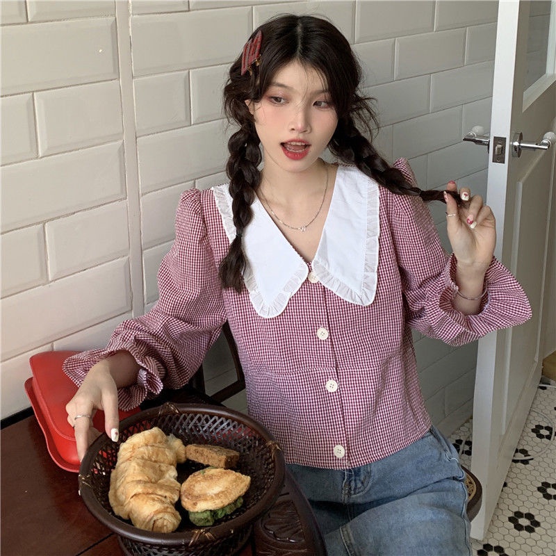 Áo Kiểu Tay Phồng Cổ Búp Bê Họa Tiết Sọc Caro Phong Cách Retro