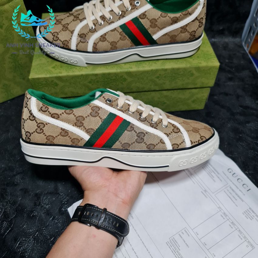 Giày gucci tennis 1977 màu be gỗ mun thể thao nam nữ cổ thấp