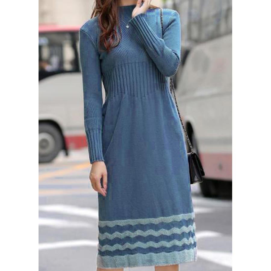Đầm Len Dạo Phố Màu Xanh Kiểu Đầm Len dài Váy Gợn Sóng - Váy Đầm Len Tay Dài Cao Cấp - Thời Trang Thu Đông DL 1898