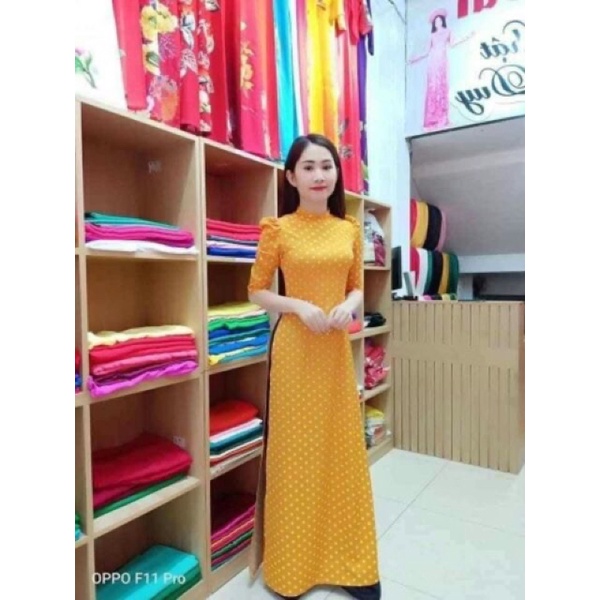 Áo dài chấm bi vai bồng ÁO DÀI THANH PHONG M355