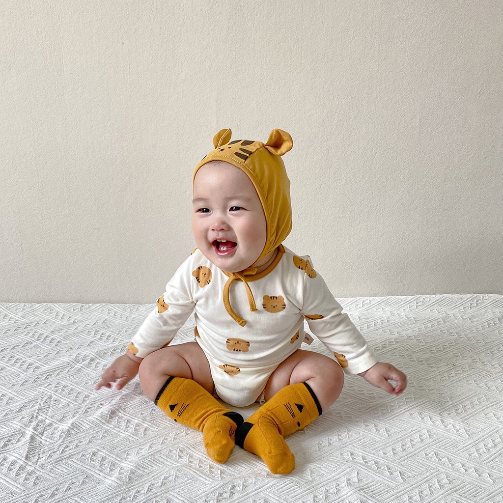 Bodysuit cho bé trai bé gái dài tay hình hổ nhỏ kèm mũ chất cotton 100% size 3-12kg TE22