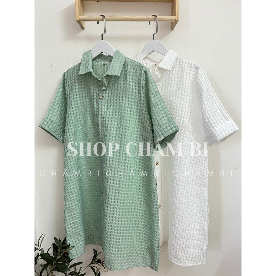 Áo váy sơ mi cộc tay basic V.125, Áo váy sơ mi cổ đức chất xốp mát mẻ - Thời trang nữ Chấm Bi
