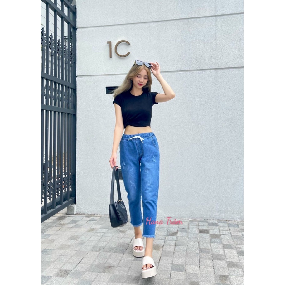 Quần baggy jean nữ lưng thun mẫu cào xước suông lai tua có size đại