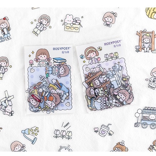 RY DIY- Set 40 Sticker ROSY POSY nhỏ xinh hình cô gái tóc mái ngố dễ thương trang trí nhật kí,...