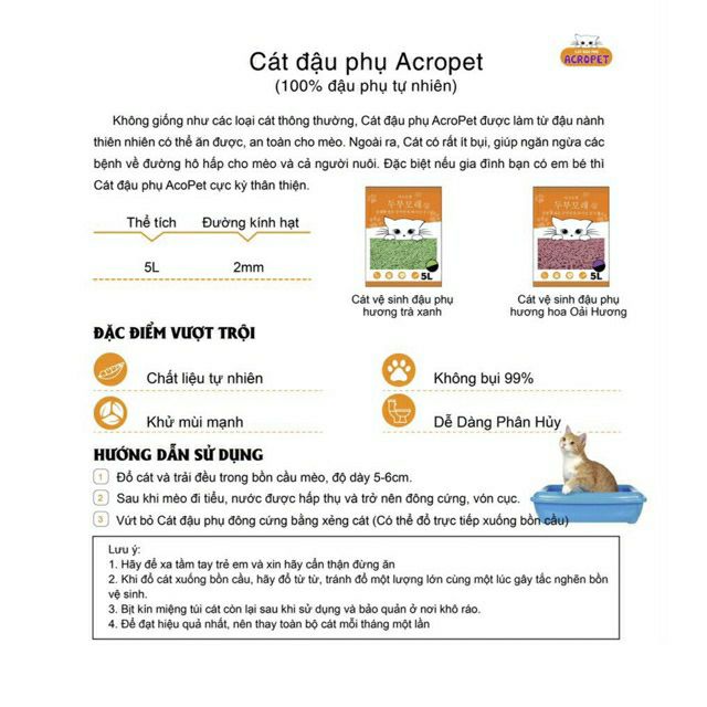Cát Vệ Sinh Đậu Phụ Hàn Quốc AcroPet 5L Dành Cho Chó Mèo.
