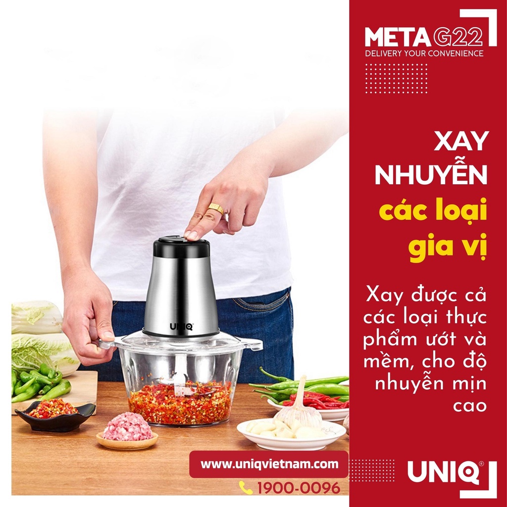 Máy xay thịt mini cầm tay gia đình UNIQ Meta G22 (2L) công suất lớn 300W lưỡi dao kép xay rau củ tỏi ớt giò chả gia vị