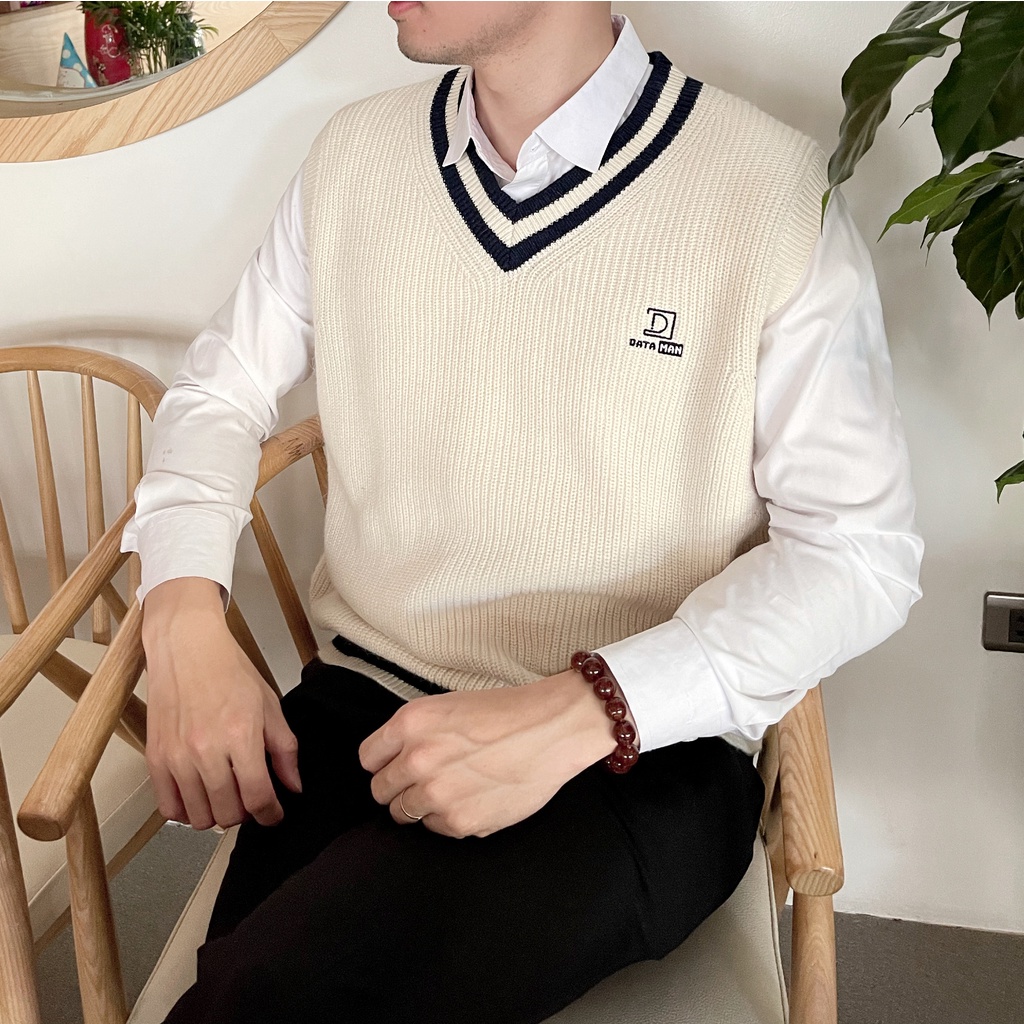 Áo gile nam DATAMAN len lông cừu cao cấp, form rộng, unisex, ngực thêu logo, style Hàn Quốc -  DT51
