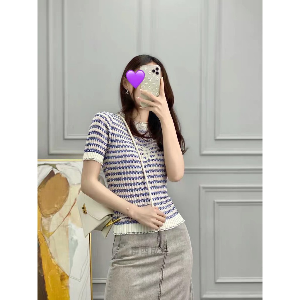 Freezia retro women knit stripe short sleeve T shirt wool clothing top