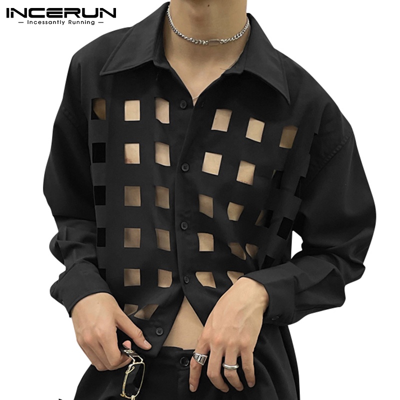 Áo sơ mi INCERUN tay dài cổ bẻ khoét lỗ 2 màu sắc tùy chọn thời trang dành cho nam
