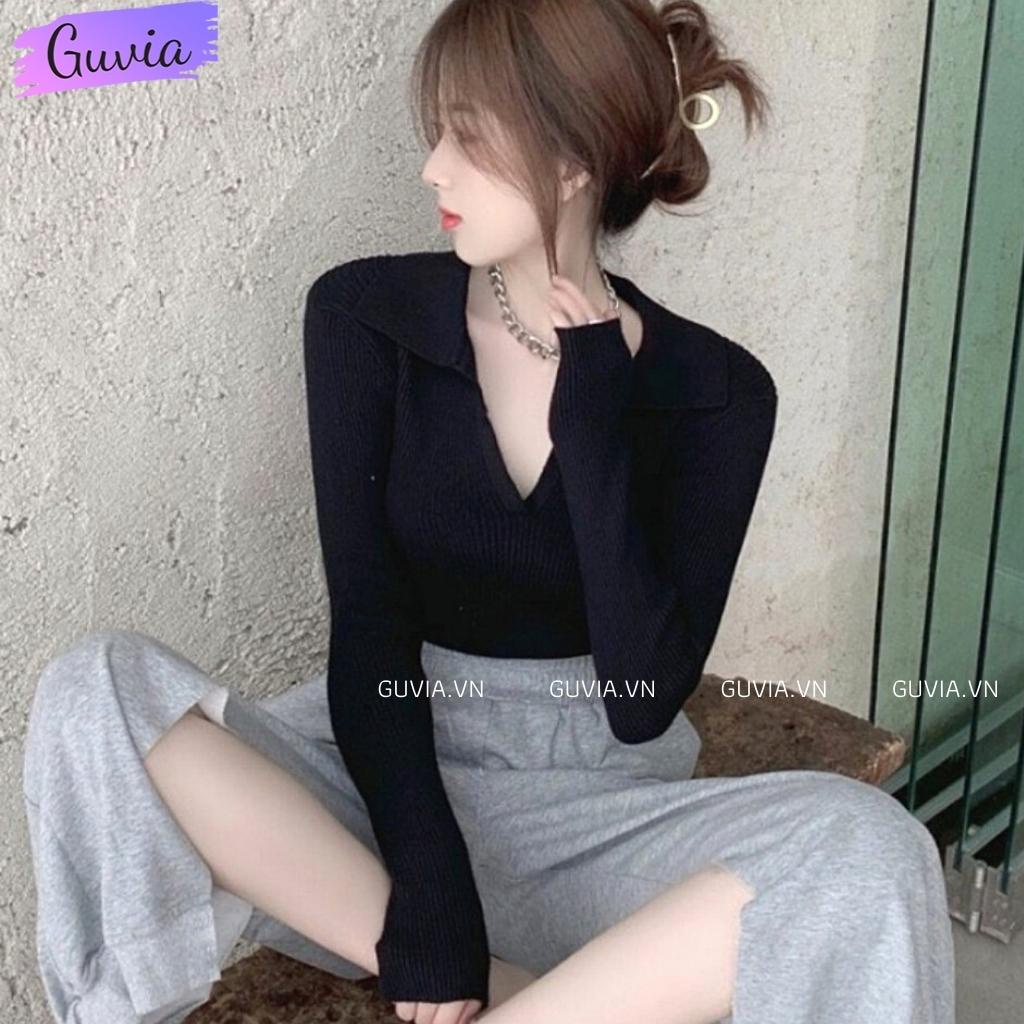 Áo Croptop Tay Dài Nữ Cổ Tim Nơ Lưng Ulzzang Chất Thun Gân Tốt Mền Mát GUVIA