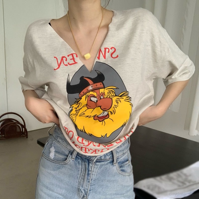 Áo Thun Croptop Tay Ngắn Cổ Chữ V In Họa Tiết Hoạt Hình Phong Cách Retro Hàn Quốc Cho Nữ