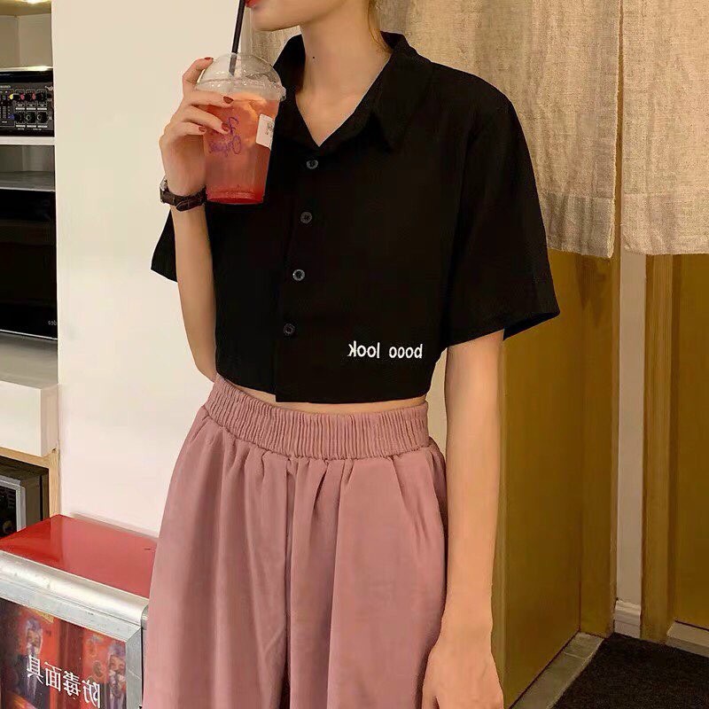 Áo thun nữ croptop tay ngắn có cổ cài nút màu đen cực chất