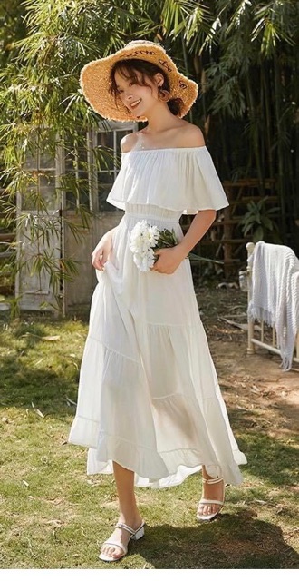 [Giá huỷ diệt⚡️] Váy maxi trể vai vàng/ trắng siêu xinh sống ảo | BigBuy360 - bigbuy360.vn