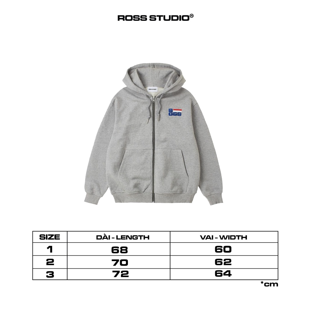 Áo khoác hoodie zip xám Ross Studio chất liệu nỉ có mũ dài tay khoá kéo - Full Zip Hoodie - ROSS STUDIO | BigBuy360 - bigbuy360.vn