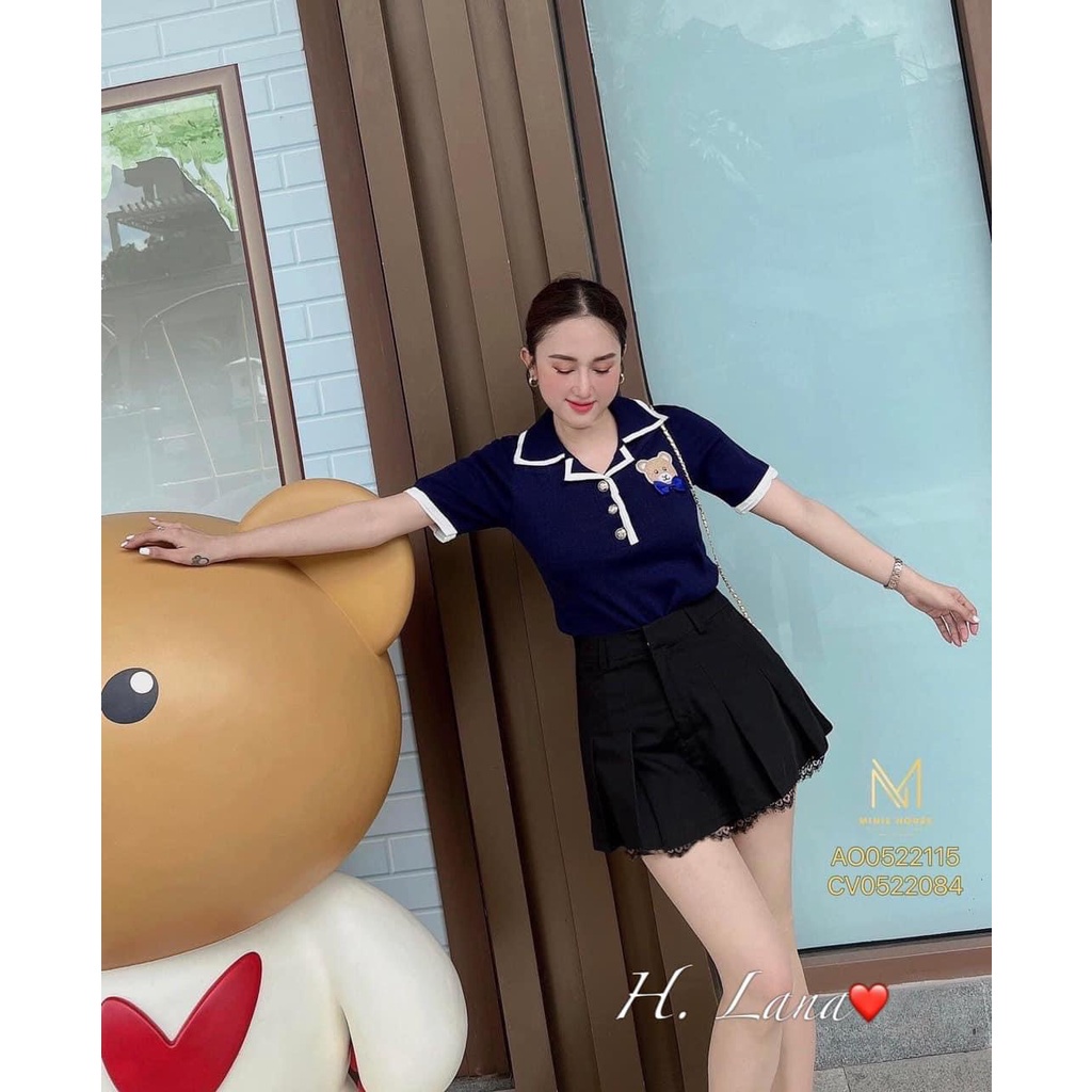 [L2M] Áo len nữ Montoghi dệt kim Quảng Châu cổ bẻ thêu hình GẤU nổi đính kèm NƠ xinh xắn thanh lịch và dễ thương