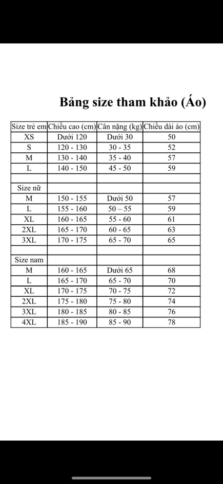 Quần áo cầu lông (có ảnh thật và bảng size tham khảo)