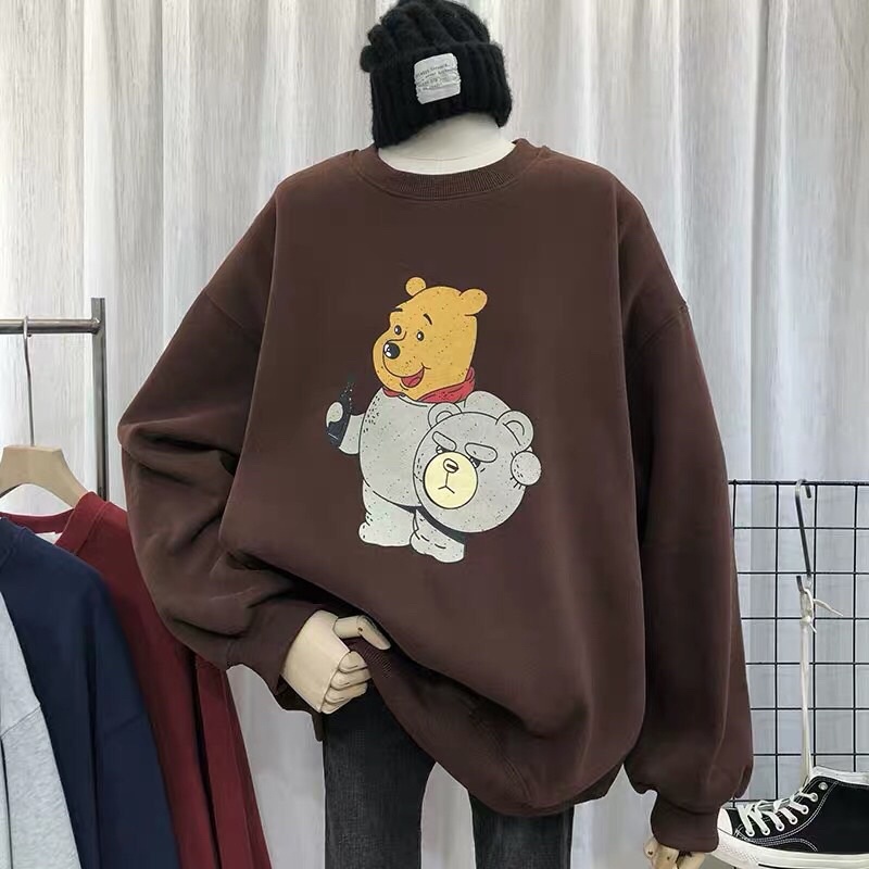 Áo sweater vải nỉ lót bông dày dặn in gấu cầm mũ