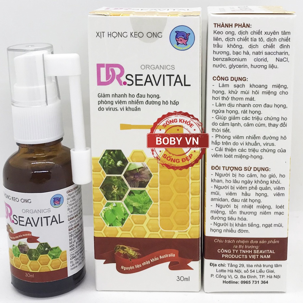 Xịt họng keo ong Dr.Seavital giảm ho đau họng, phòng viêm nhiễm đường hô hấp do virus, vi khuẩn - 30ml - Boby