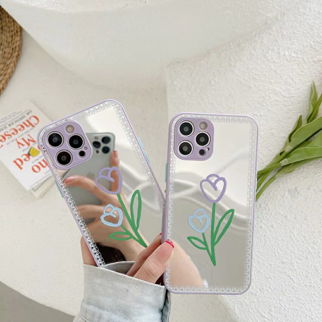 iPhone 11 12 Pro Max X Xs Max XR 8 7 6 6s Plus 12 Mini Fashion Tulip lines Mirror Phone Case Cartoon Straight Edge Pattern Phone Case