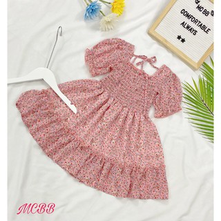 Mcbb 24-49 kg vải voal hoa váy bé gái hoa nhí nhún eo cổ vuông tay phồng đầm công chúa bé gái tiểu thư nữ váy trẻ em bộ