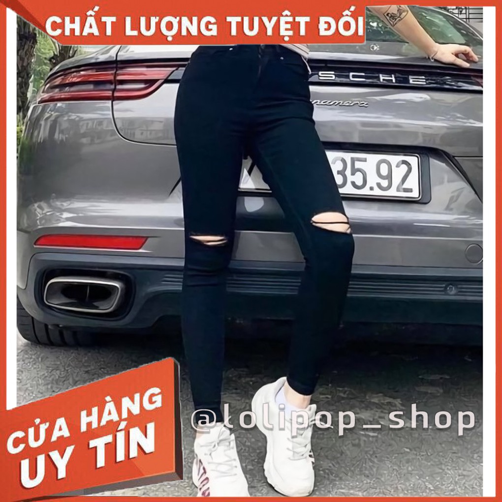 Quần jean nữ đen rách gối cá tính dáng SKINNY lưng cao co giãn