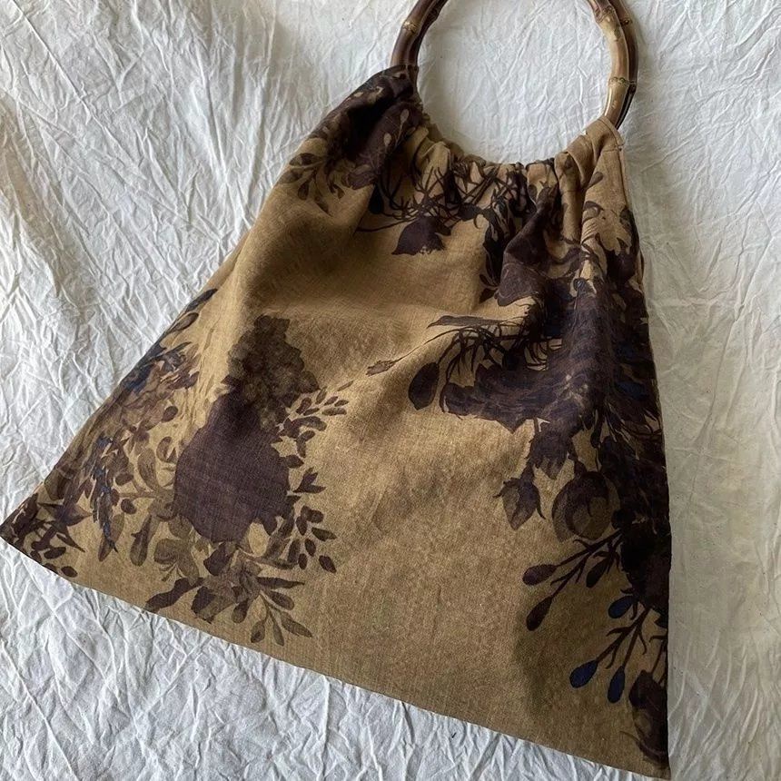 Túi Xách Tay Bằng Tre In Hoa Trà Phong Cách Vintage Đa Năng 2 Kiểu