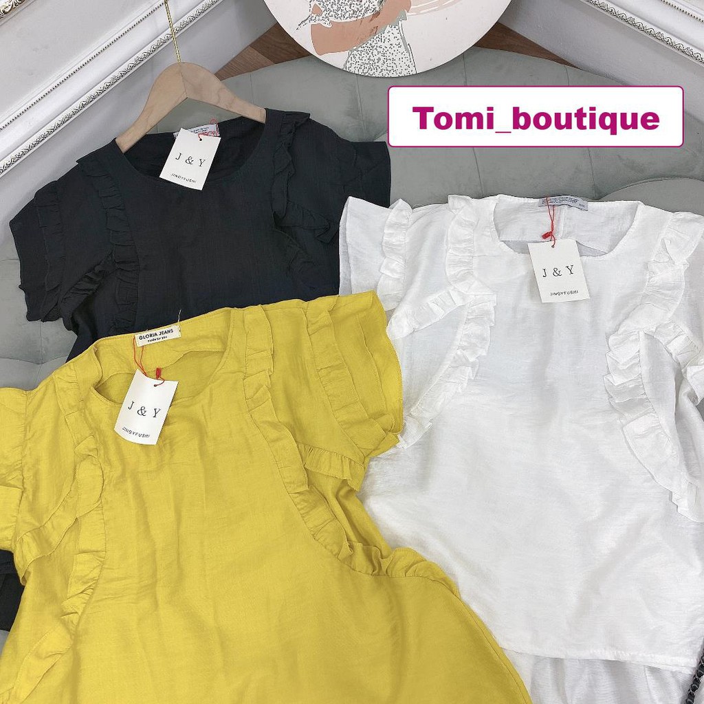 Set mặc ở nhà nữ Vải đũi tơ quảng châu áo phối bèo + quần sooc- Tomi boutique