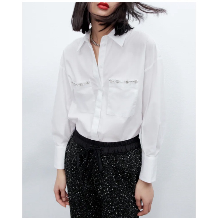 Zara Áo Sơ Mi Dài Tay Phối Túi Thời Trang Mùa Xuân 2022 3666058Áo blouse