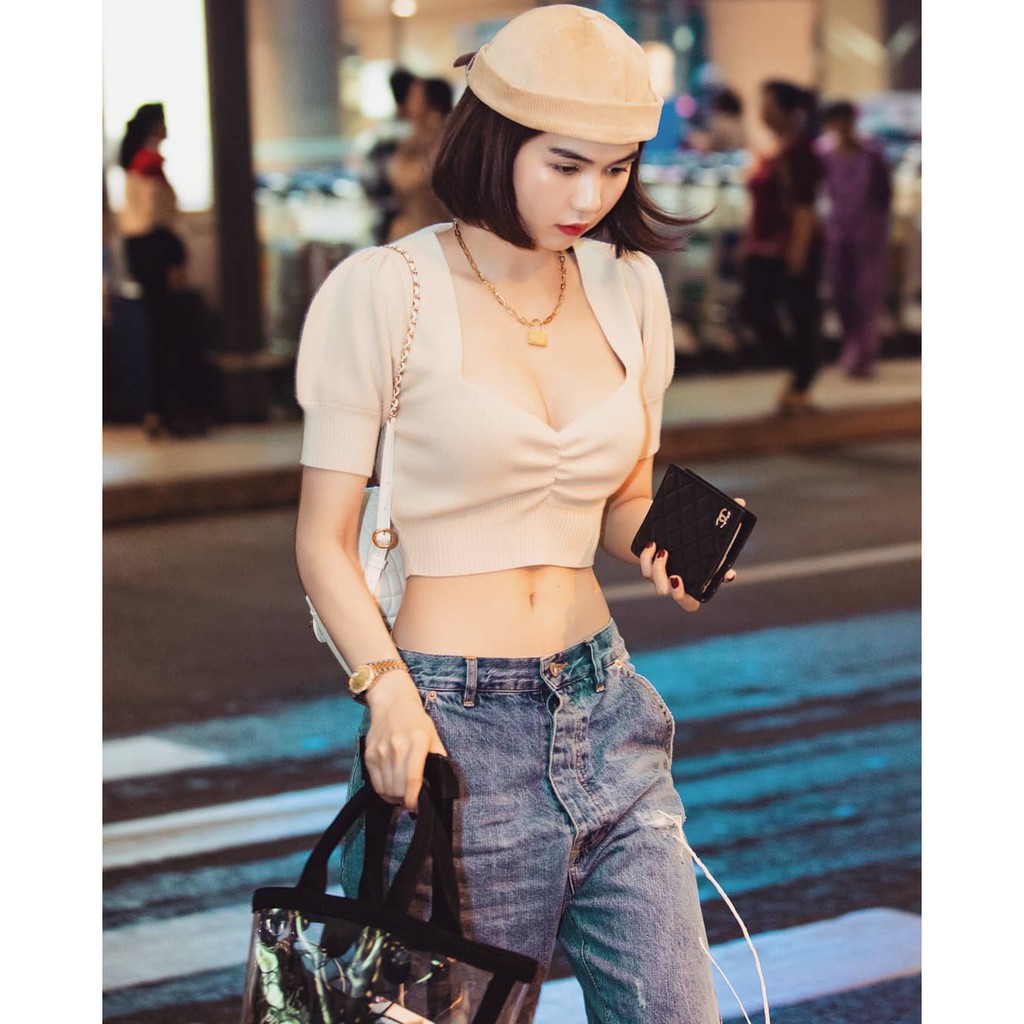 Áo Croptop Nhún Ngực, Tay Phồng