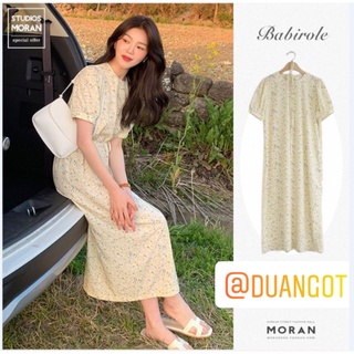 (ORDER) Váy MORAN hoa chấm bi tay phồng cổ tròn thắt nơ eo vintage nhẹ nhàng Hàn Quốc (NEW_HOT)