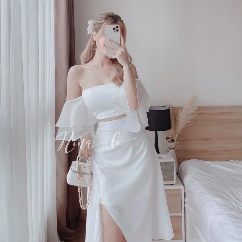 Set Áo Tay Voan Kèm Chân Váy Xẻ Đùi Siêu Xinh