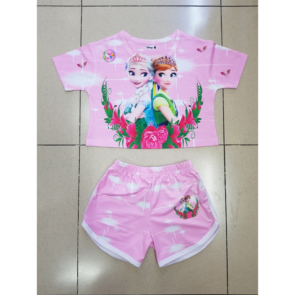 Bộ thun cotton lạnh thái mát rượi croptop elsa bé gái