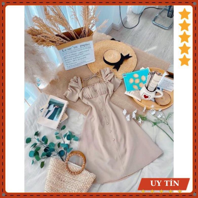 Đầm tay bồng xếp li ngực nút bọc Eva_home_fashion | BigBuy360 - bigbuy360.vn