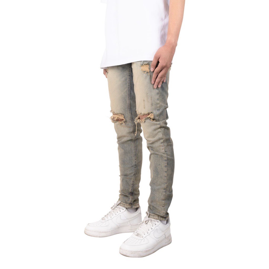 Quần jean nam cao cấp streetwear KQ29 màu xanh wash vàng rách gối form slimfit chất jean co giãn, thoải mái.