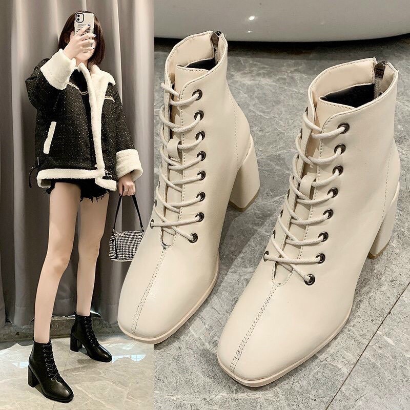 Giày Boot Cao Cổ Style Ulzzang EA7 Siêu Hottrend - bốt cổ cao da lỳ gót vuông Cao Cấp | BigBuy360 - bigbuy360.vn