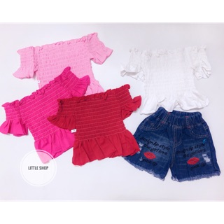 Set bé gái (áo trễ vai + quần short jean)