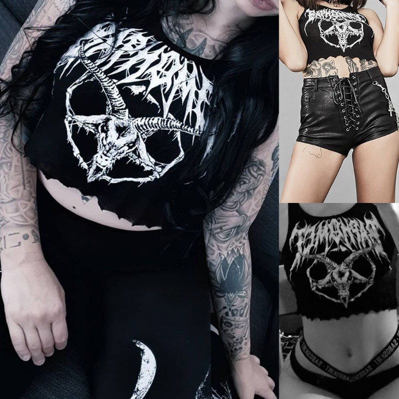 Xixi Áo Croptop Dệt Kim Không Tay In Hình Dê Màu Đen Phong Cách Gothic Punk Thời Trang Cho Nữ