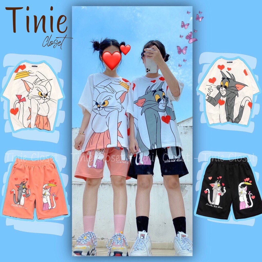 Set đồ bộ hoạt hình nam nữ form rộng Unisex Tom Couple Tinie Closet, Áo thun+Quần đùi Freesize