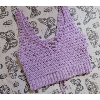 Áo croptop ba lỗ buộc dây lưng áo len móc handmade