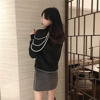 (SẴN) Áo dạ tweed đen viền cúc ngọc