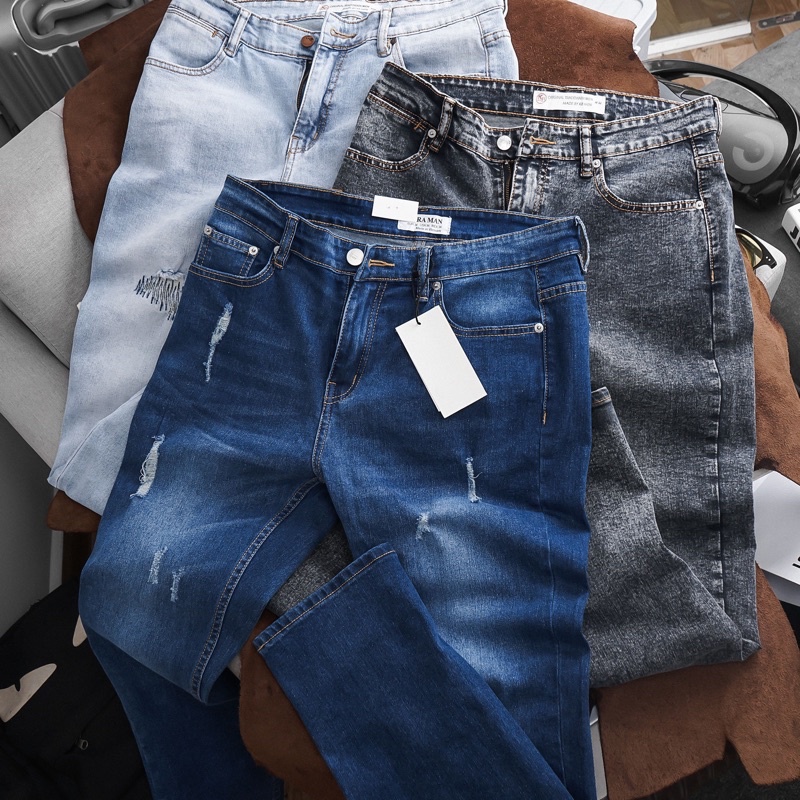 Quần jean dài nam denim ống ôm xanh nhạt chất bò đẹp co giãn
