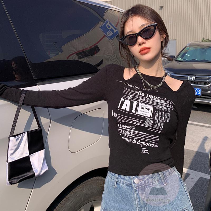 Áo Thun Tay Dài Hở Vai In Chữ Thời Trang Dành Cho Nữ