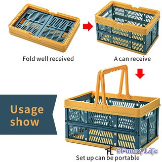 FL Collapsible Storage Shopping Basket Crates Stackable Crate bin Folding Storage Bins Baskets with Handles, Utility Container Organizer Bins for Kitchen Bathroom Grocery Car Trunk Books