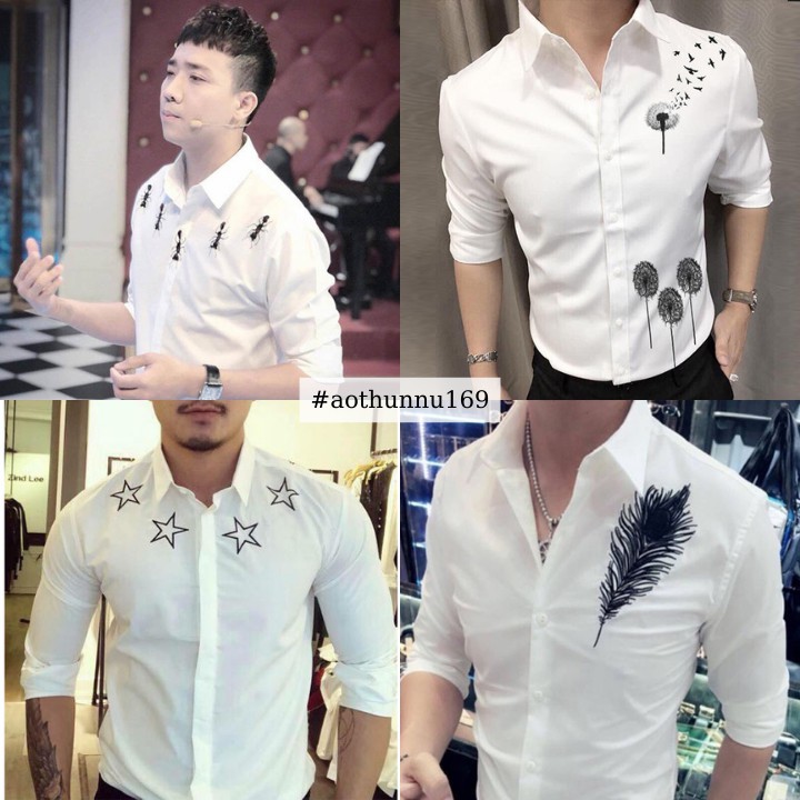 Áo Sơ Mi Nam Màu Trắng Tay Dài In Họa Tiết [ Con Kiến - Bồ Công Anh - Ngôi Sao - Lông Chim ]