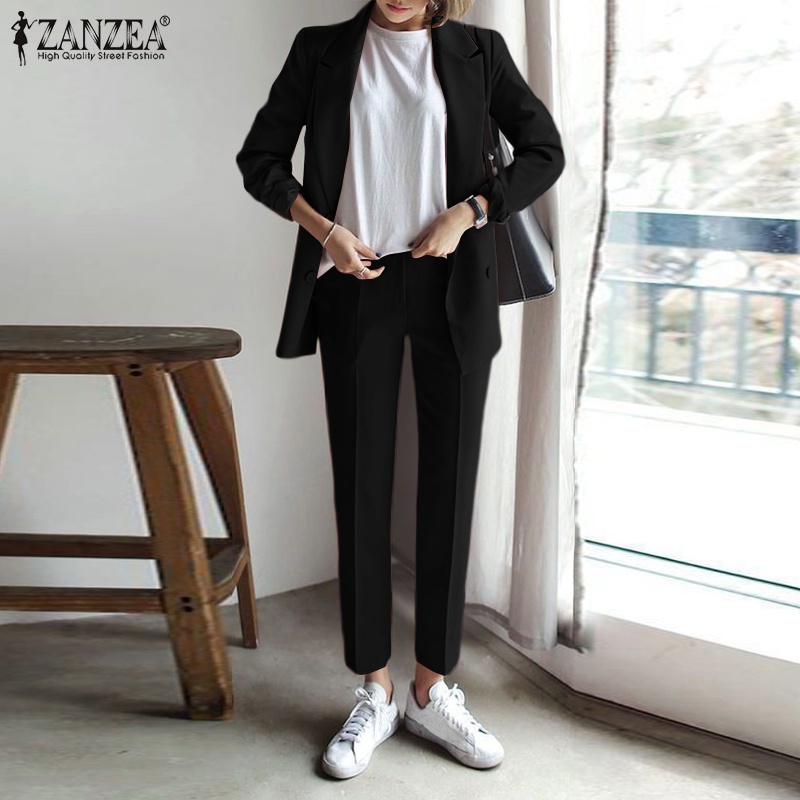 Bộ trang phục ZANZEA áo blazer và quần dài ôm dáng màu trơn đơn giản phong cách Hàn Quốc cho nữ