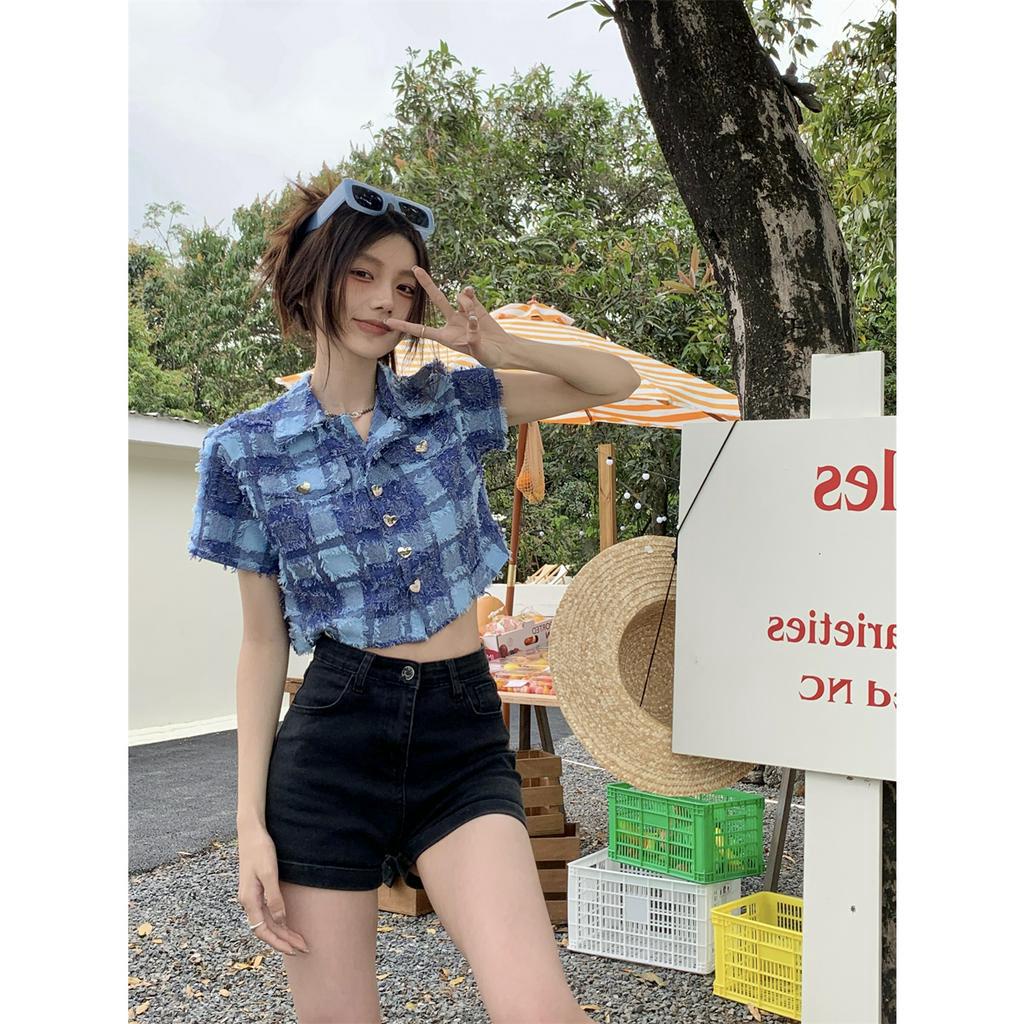 「 WELOVE1 」Áo Sơ Mi Ngắn Tay Cài Nút Hình Trái Tim Phối Màu Tương Phản Xanh Dương Cho Nữ