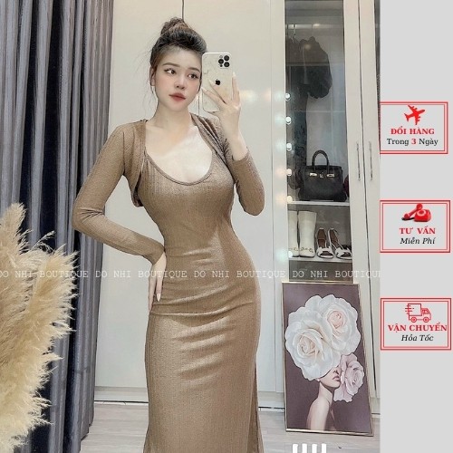 Set đầm body nữ 2 dây maxi dáng dài kèm áo khoác cardigan mùa thu đông ulzzang Hàn Quốc cao cấp